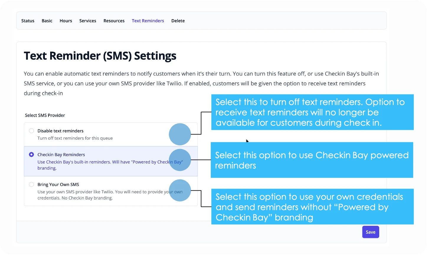 Admin SMS configuration options